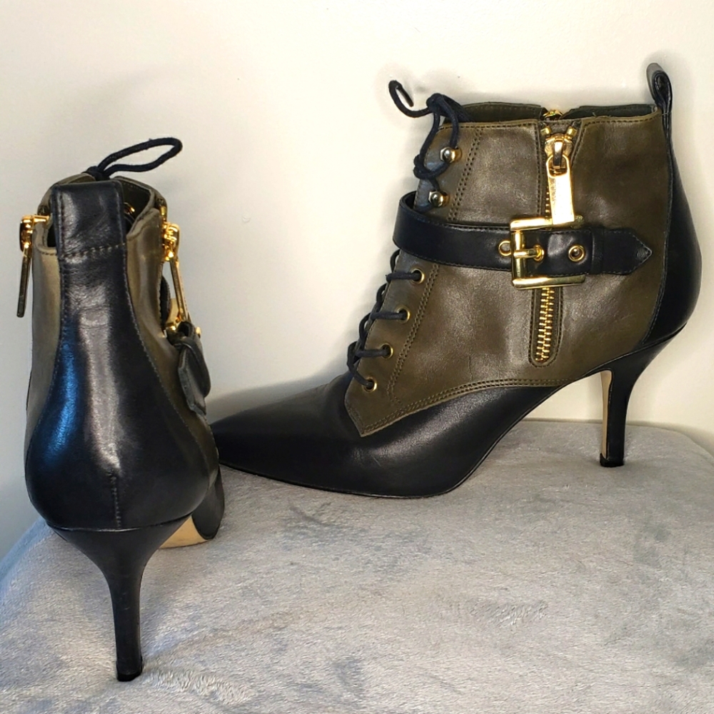 Michael Kors Olive/Black lace up 3" heel ankle boots